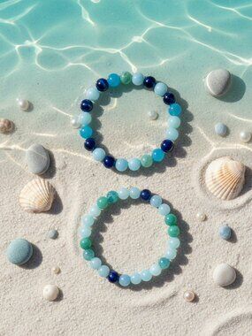 Ocean Breeze Beaded Bracelet Set | Handmade Light Blue Navy Teal Glass Beads